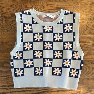 Zara Blue and White Checkered Daisy Knit Vest